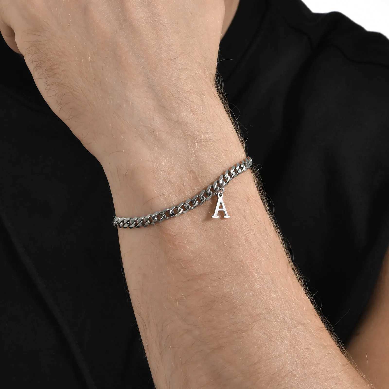 Mens Initials Cuban Links Bracelets Stainless Steel A-Z 26 Letter Alphabet Charm Chain Adjustable Wristband Casual Jewelry Gift XJ250707