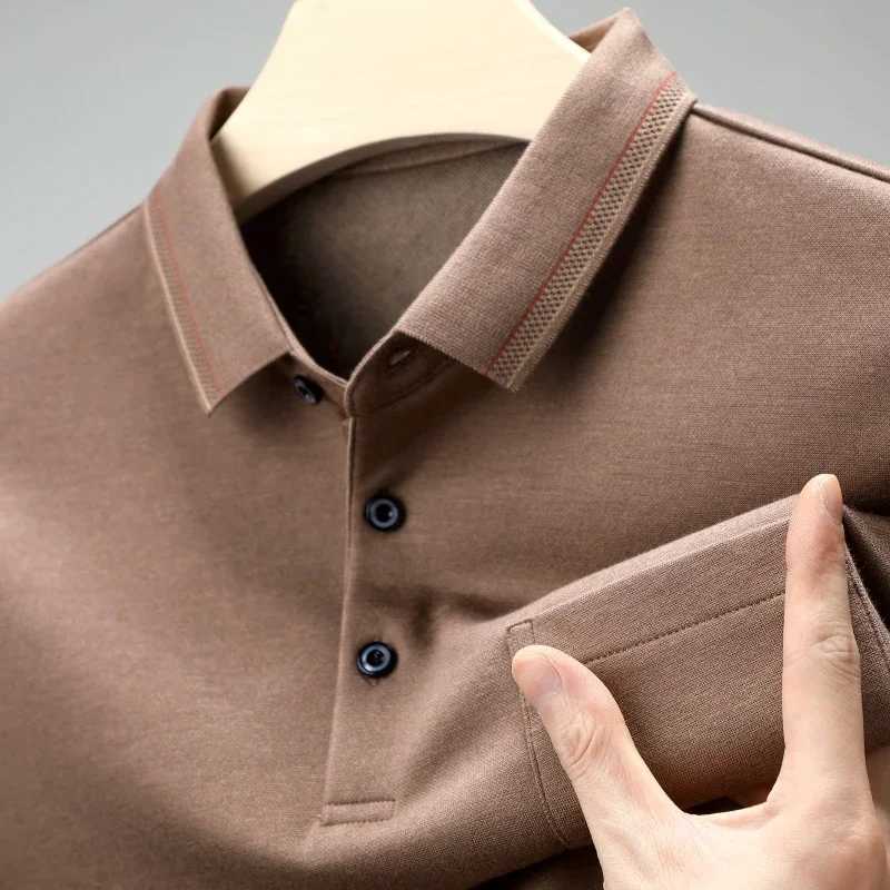 Mens casual long sleeved polo shirt fashionable solid color top W24091321