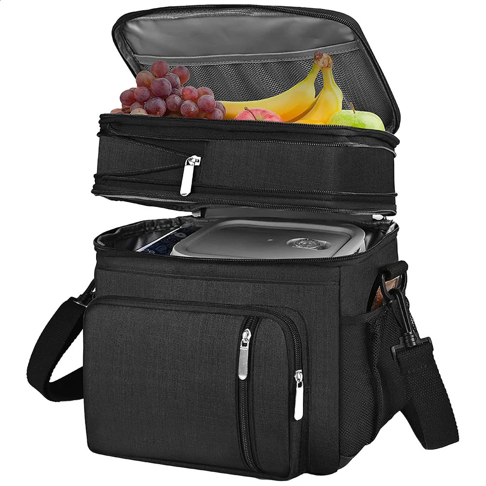 Double layered lunch bag expandable box insulated with shoulder straps suitable for office camping trips 240910