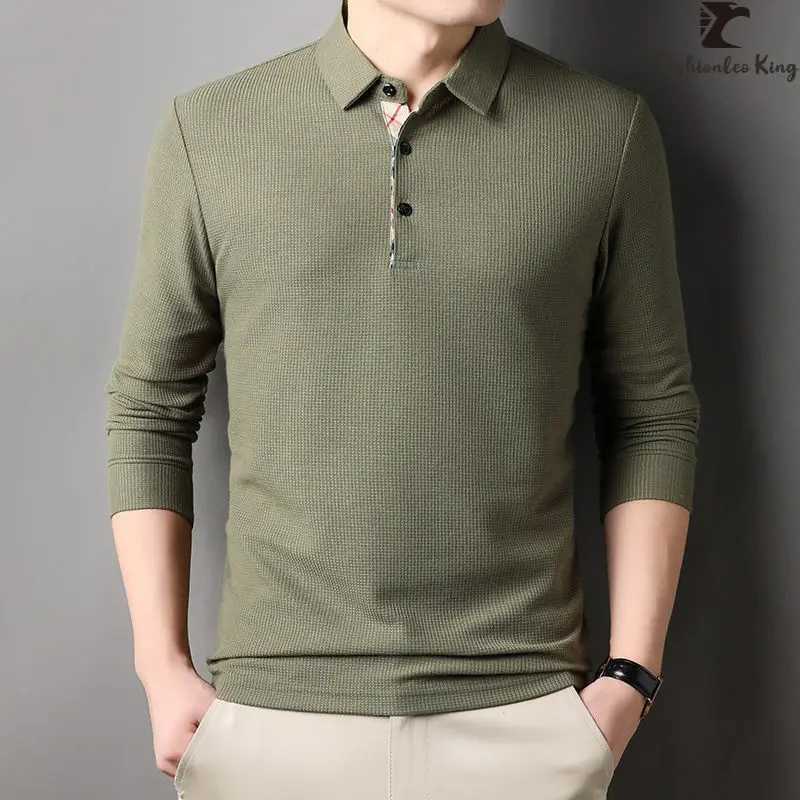 Spring and Autumn mens loose long sleeved polo shirt casual lapel plain weave business collar T-shirt top W240913