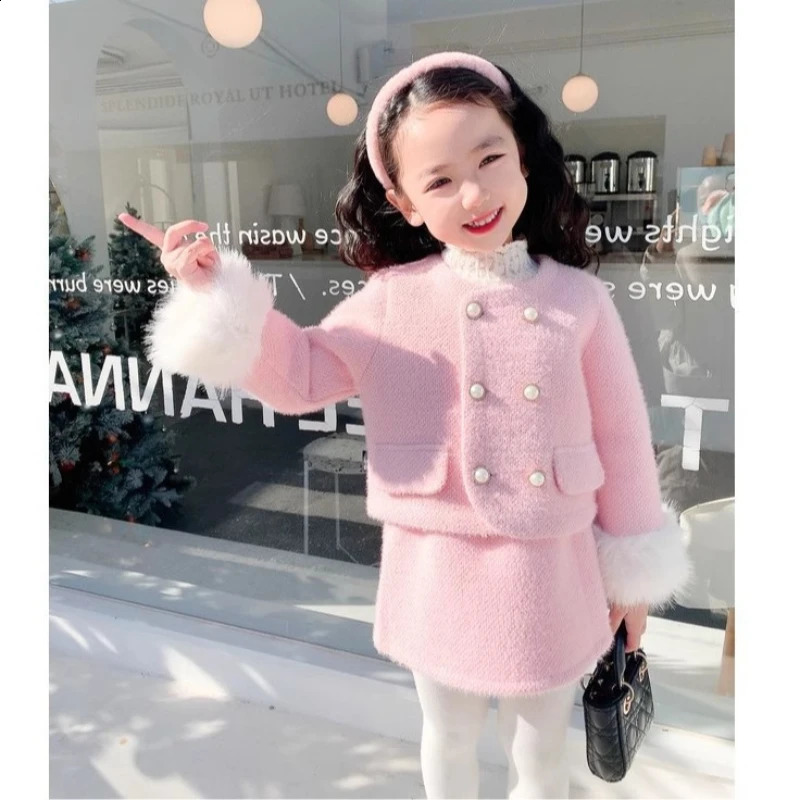 Girls Suit Winter Small Fragrance Solid Color Padded Wool Coat Padded Skirt Two-piece Set Kids Clothes Girls 240902