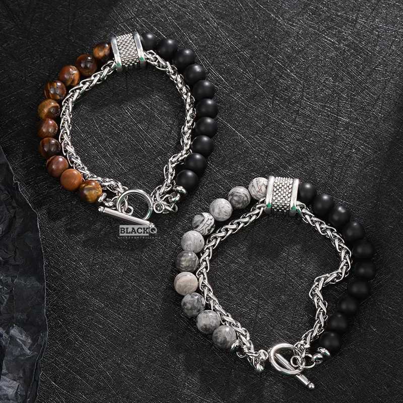2-layer frosted black stainless steel chain bracelet mens tiger eye natural stone bead bracelet mens bead bracelet W240913