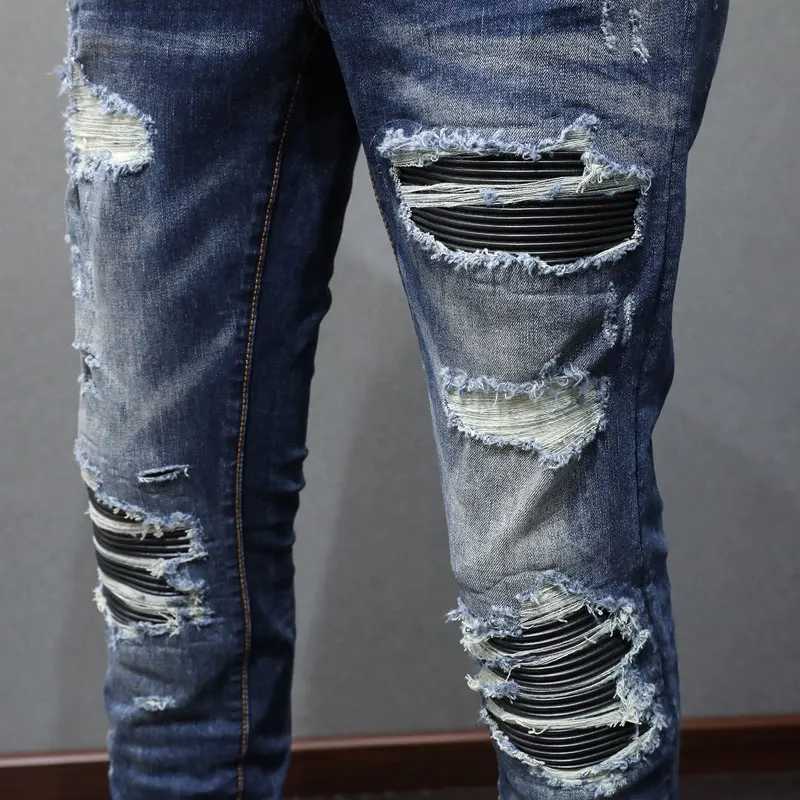 Street Fashion Men Jeans Retro Dark Blue Stretch Skinny Fit Ripped Jeans Hole Leather Patched Designer Hip Hop Brand Pants Men M240912
