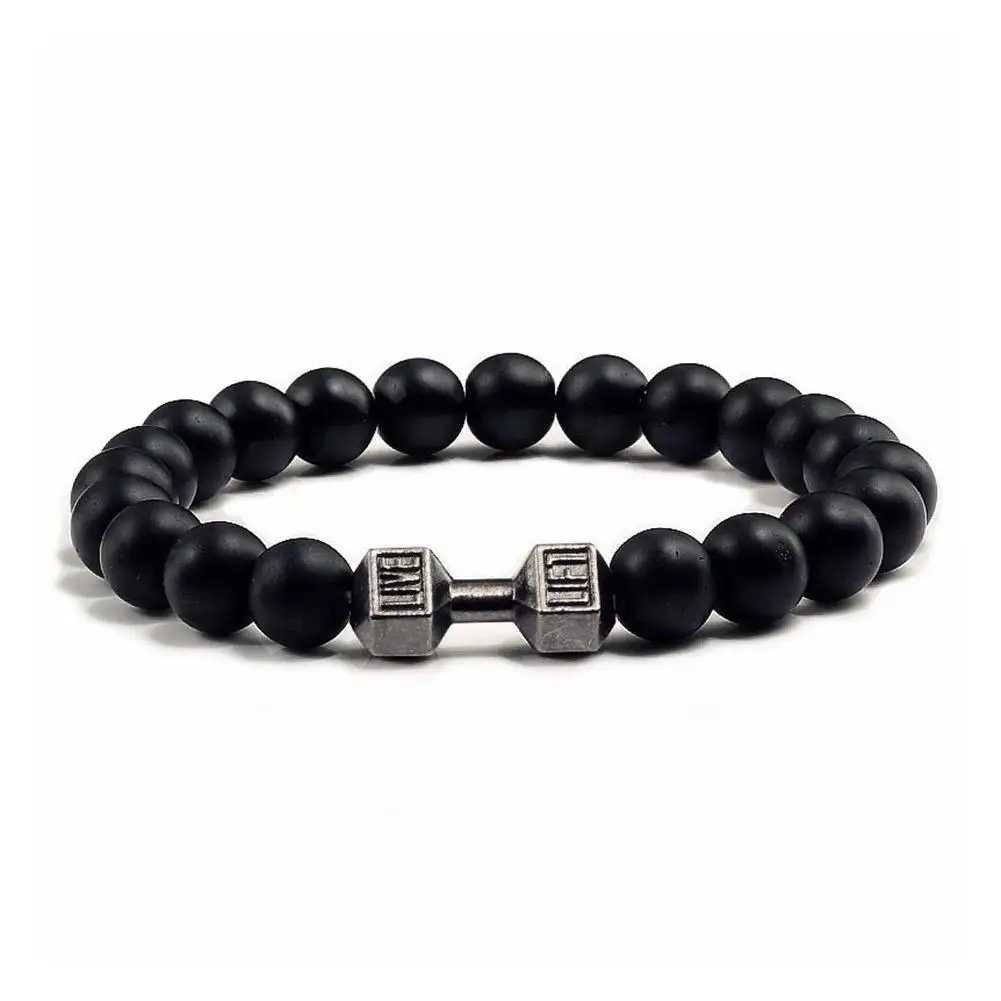 Natural Black Volcanic Molten Rock Dumbbell Bracelet Black Matte Bead Bracelet Fitness Barbell Jewelry Pulseras Women W240913