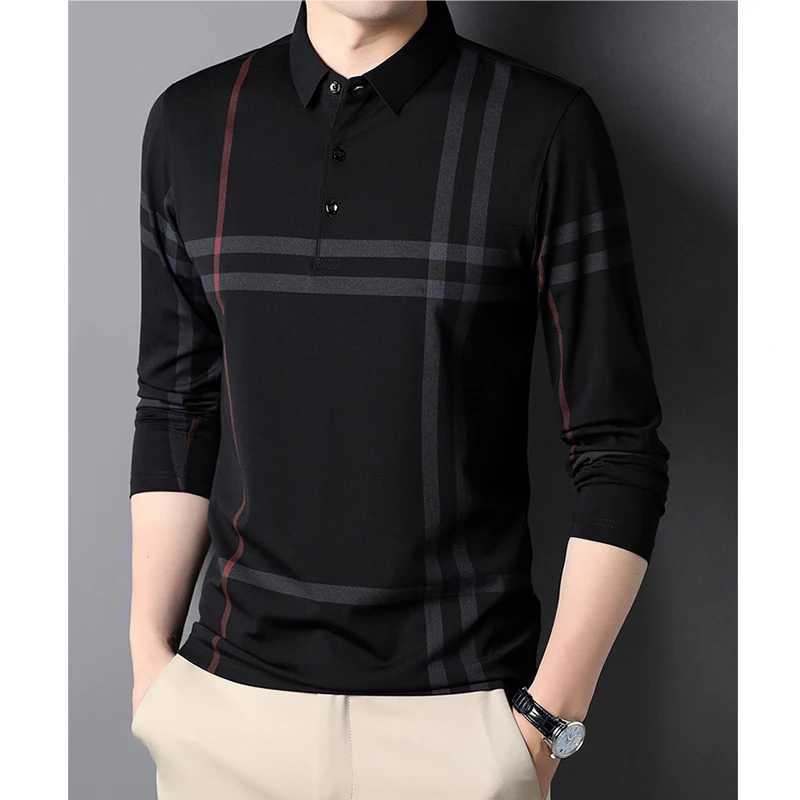 2023 Spring/Autumn Business and Leisure Slim Fit Polo Shirt Mens Korean Fashion Striped Collar Button Long Sleeve T-shirt Ropa Hombre W240913