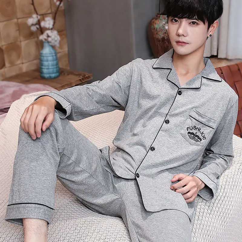 Spring And Summer Cotton Mens Pajamas Long-Sleeved Trousers Boys Pajamas Suit Teenagers Casual Homewear Suit Y240913