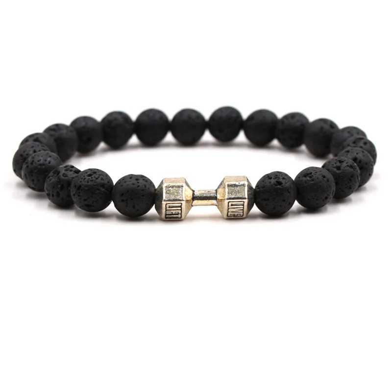 Natural Black Volcanic Molten Rock Dumbbell Bracelet Black Matte Bead Bracelet Mens Fitness Barbell Jewelry Pulseras W240913