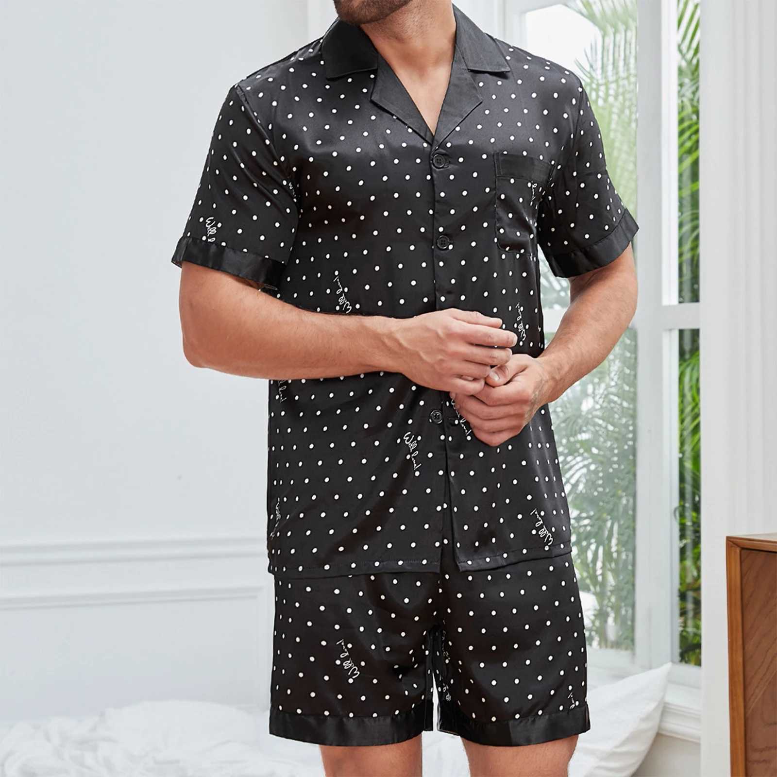Men Silk Satin Pajamas Sets Short Sleeve Sleepwear Button-Down PJs Sets Summer Loose Two-Pieces Loungewear Y240913