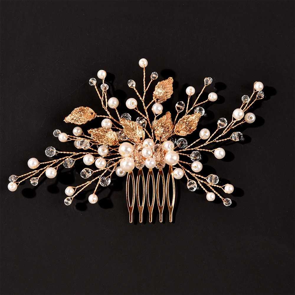 Gold Color Leaf Hair Combs Jewelry Rhinestone Pearl Hair Comb Tiaras Women Headpiece Wedding Bridal Hair Jewelry Accessories SLX240913