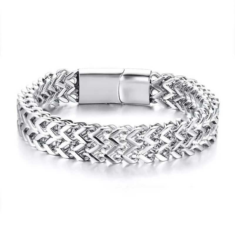 12mm Stainless Steel Mens Silver Color One Chain Double Rows Wristband Magnetic Clasp BraceletX240913