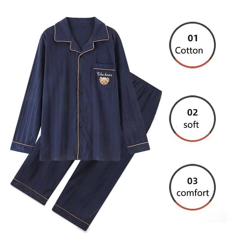 Cotton Plus Size Men Pyjamas High-Grade and High-Quality 2PCS/Set Long-Sleeved Cardigan Homewear Black Striped Plaidsleepwear Y240913