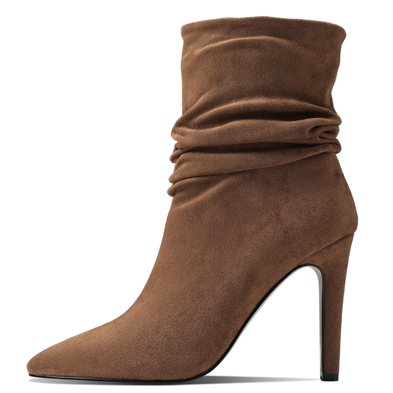 Women Suede Pleated Sexy High Heels Ankle 2023 Autumn Winter Fashion Short Boots Female Party Shoes Point Toe bb8d