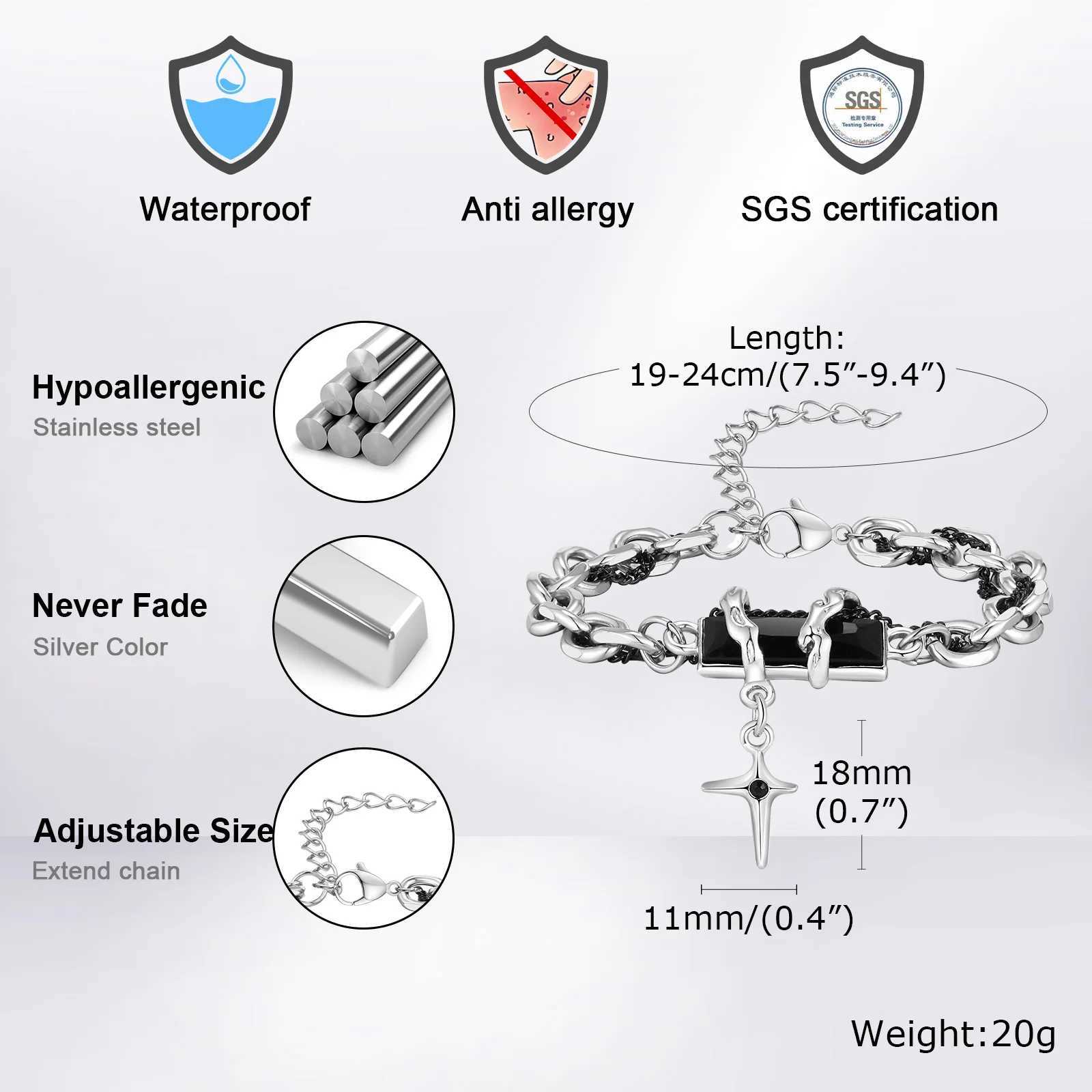 Retro Black Zircon Star Bracelet for Men BoysTrend Stainless Steel Stacked Chain WristbandAdjustable Hiphop Jewelry GiftsX240913