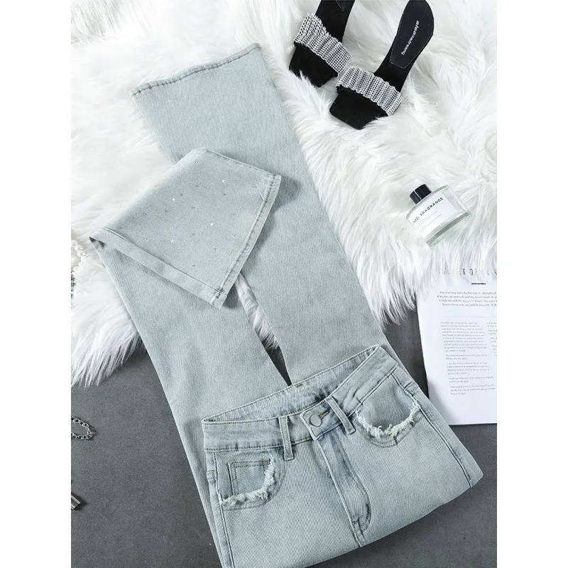 2024 New Summer Thin High-waisted Jeans Women's Bell-bottom Pants Rhinestone Micro-flared Style Light Color Ladies