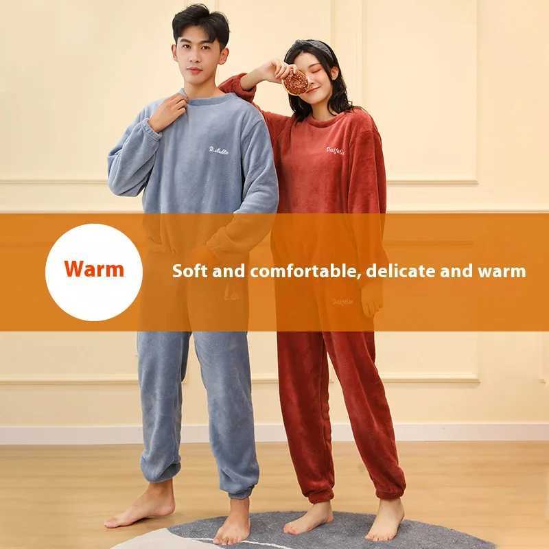 Thickened Warm Men Coral Velvet Pajamas Autumn Winter Homewear Long-Sleeved Long Trousers Solid Soft Sleepwear 2PCS/Set Couple Y240913