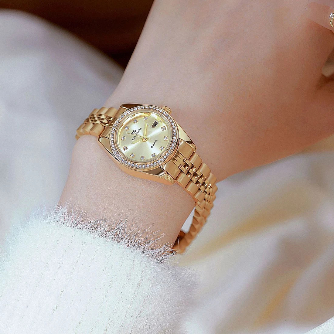 Original womens watch pink dial gold date quartz vintage elegance stainless steel gift 240912