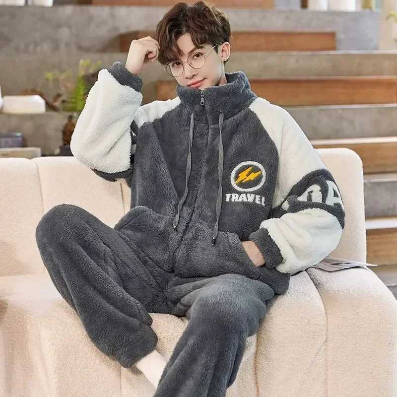 Thickened Pajamas Young Coral Sleepwear Students Zipper Suit Loungewear 2023 New Velvet Loose Men Winter Homewear Autumn Y240913