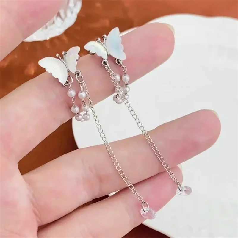 Y2K Fairy Zircon Shell Butterfly Tassel Ear Clips Angel Ear Bone Clip Earring Elf Female Pearl Dangle Earrings Fashion JewelryX240913