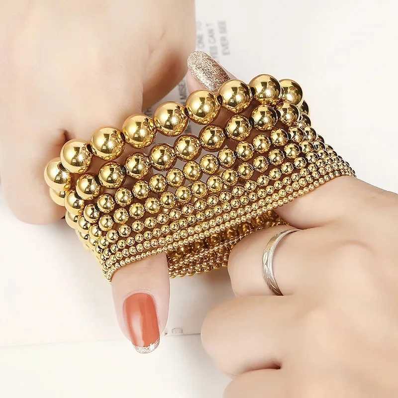 Fashion Jewelry 18K Gold Plated Waterproof Metal Ball High Quality Smooth Diameter 3/4/6/8mm Elastic Stainless Steel Bracelet W240913