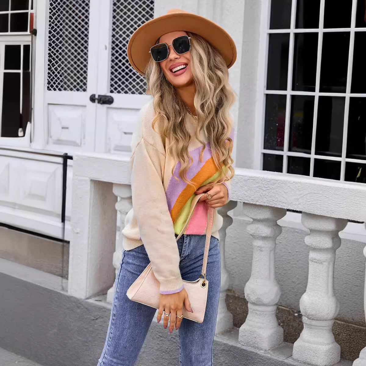 2024 Autumn New Women's Clothing Splicing Rainbow Stripes Internet Red Fashion Knitted Sweater for Women