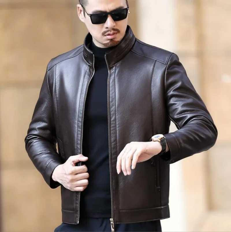 Men Leather Jacket Mens Stand-up Collar Business Casual Fur One-piece Mens Super Soft SE Plush Liner Warm JacketX240913