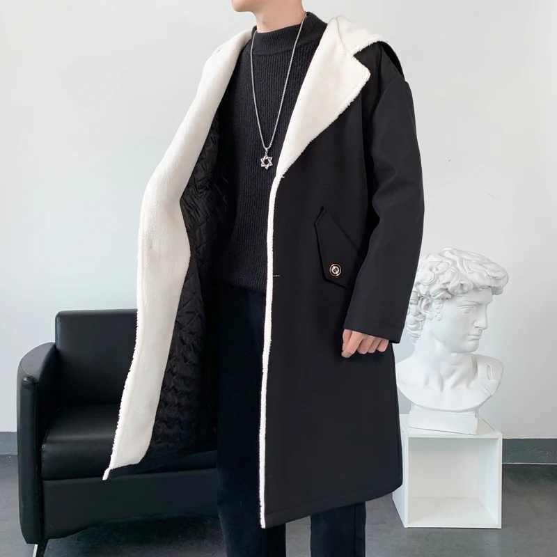 Mens Windbreaker Long Fleece Trench Coat Harajuku Mid-Length Casual Hip Hop Hooded Outwear Streetwear Overcoats Y240913