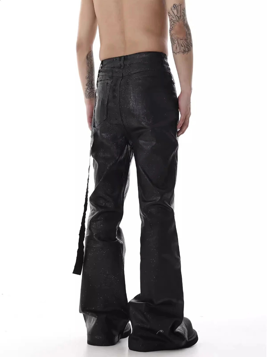 REDDACHIC Black Wax Coated Flare Jeans Men Stretchy Fitted Matte Textured Bootcut Pants Flowy Belt Vintage Y2k Hip Hop Trousers 240913