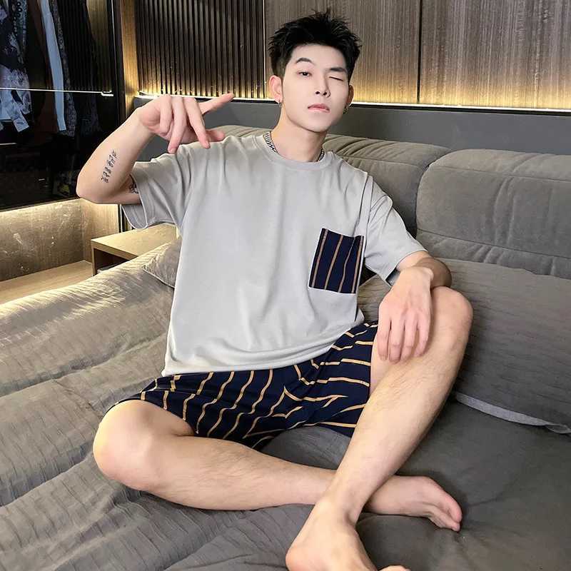 Mens Two-Piece Pajamas Homewear Summer Mens Pajamas Cotton Short-Sleeved Shorts Large Size Teenage Boys Casual Homewear Set Y240913