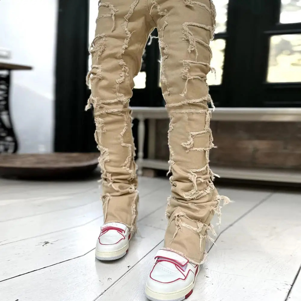 Mens Stacked Jeans Fit Ripped Jeans Destroyed Straight Denims Pants Vintage Hip Hop Trouser Streetwear 240912