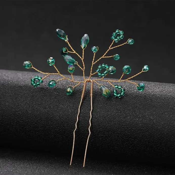 Hair Pins for Women Head Jewelry Wedding Hair Accessories Green Rhinestone Handmade Bridal Headwear Prom Bride HeadwearX240913