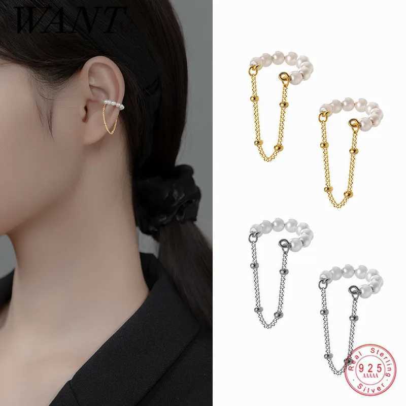 WANTME 925 Sterling Silver Fashion Unique Pearl Chain Ear Clip On Earrings for Women Hip Hop Without Piercing Jewelry Ear CuffX240913