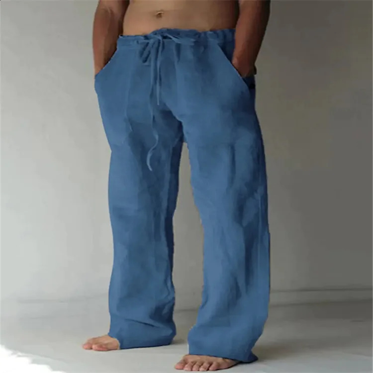 Casual mens cotton and linen pants with fashionable solid pockets drawstring pocketsT rousersa rec omfortablel oosel o 240913