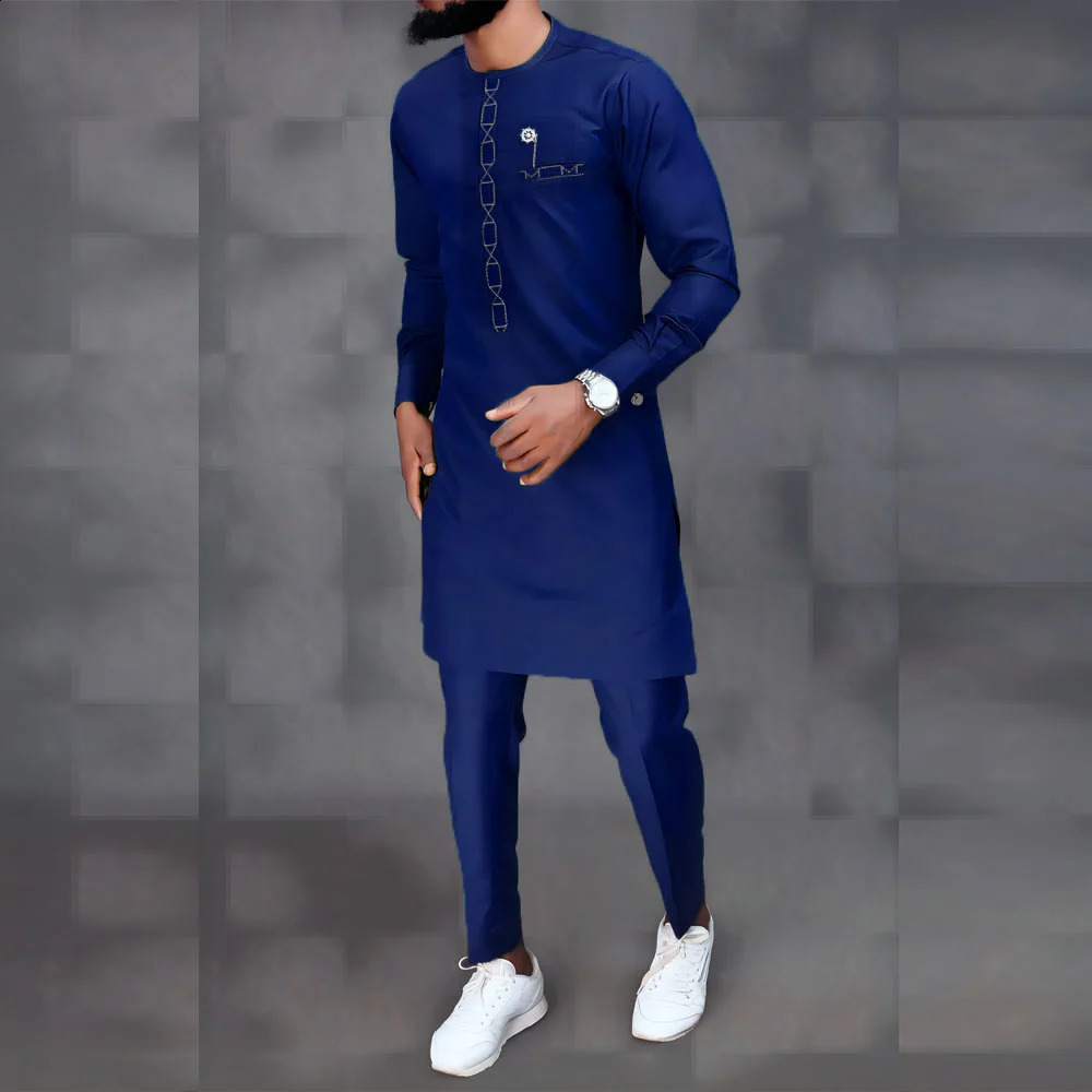 Kaftan Elegant African Mens Set 2 Pieces Outfits Long Sleeve Ethnic Tops and Pants Full Mens Suit Wedding Men Clothing 240911