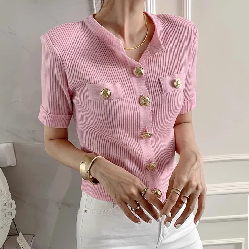 Runway Korean Chic Womens Clothes Cardigan Summer Elegant Oneck Big Button n Slim Female Short Knitting Top Tees 240910
