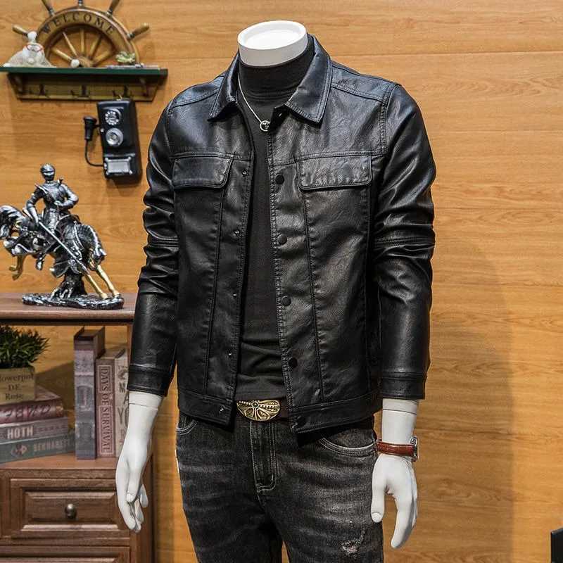 2023 New men Winter Faux Leather clothing short Leisure pu Overcoat stand-up collar loose Jacket self-cultivation OutwearX240913