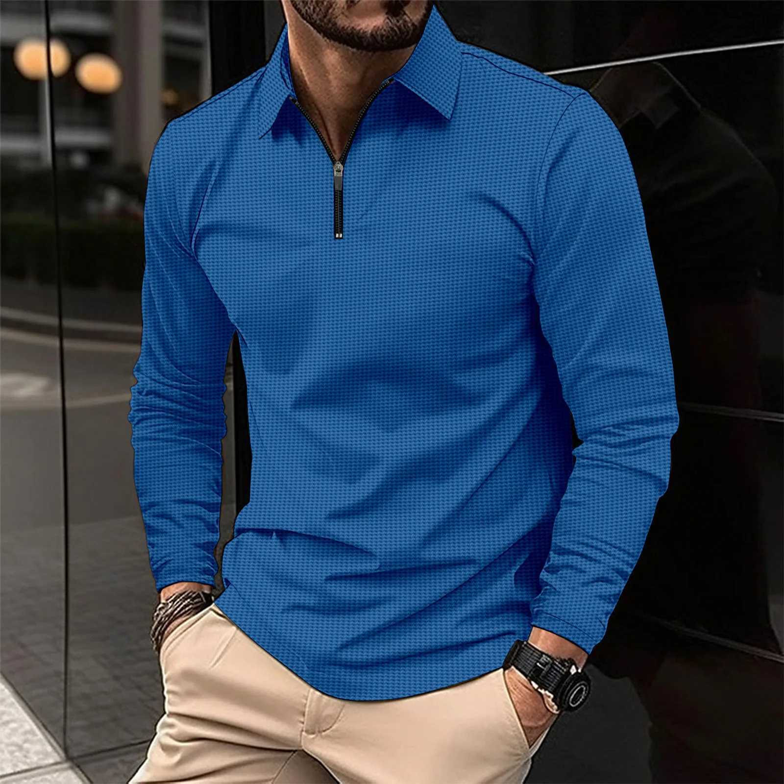 New Long Sleeve Solid Color Polo Shirt with Flip Collar Long Sleeve Waffle Zipper Fashionable 2023 Autumn Thin T-shirt Casual Loose Handsome Top W2409