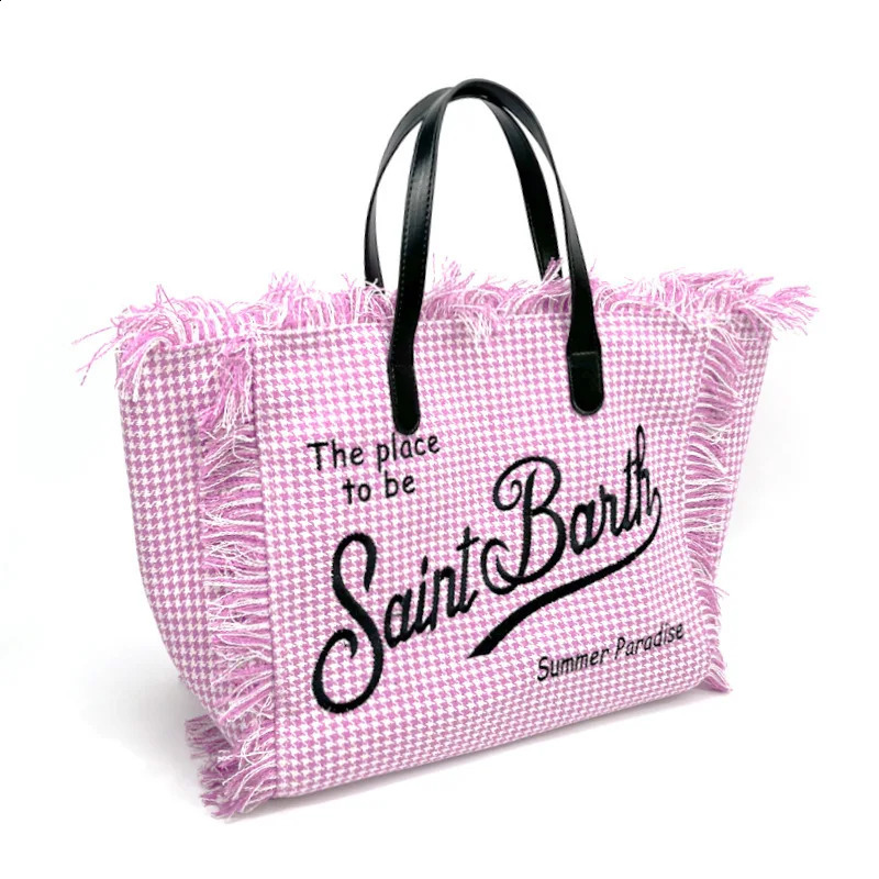 Fashionable Embroidered Letter Tassel Canvas Handbag Summer Beach Womens Bag Large Capacity Commuting Handbag Shopping Bag 240907