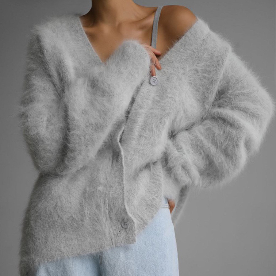 Imitation mink wool knitted cardigan 2024 autumn/winter lazy loose long sleeved V-neck sweater jacket for women