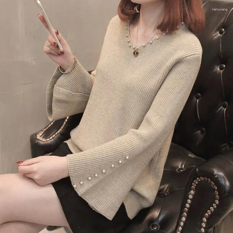 Women's Sweaters Vintage V-Neck Stylish Beading Female Clothing Flare Sleeve Autumn Winter All-match Solid Color Casual Knitted Jumpers