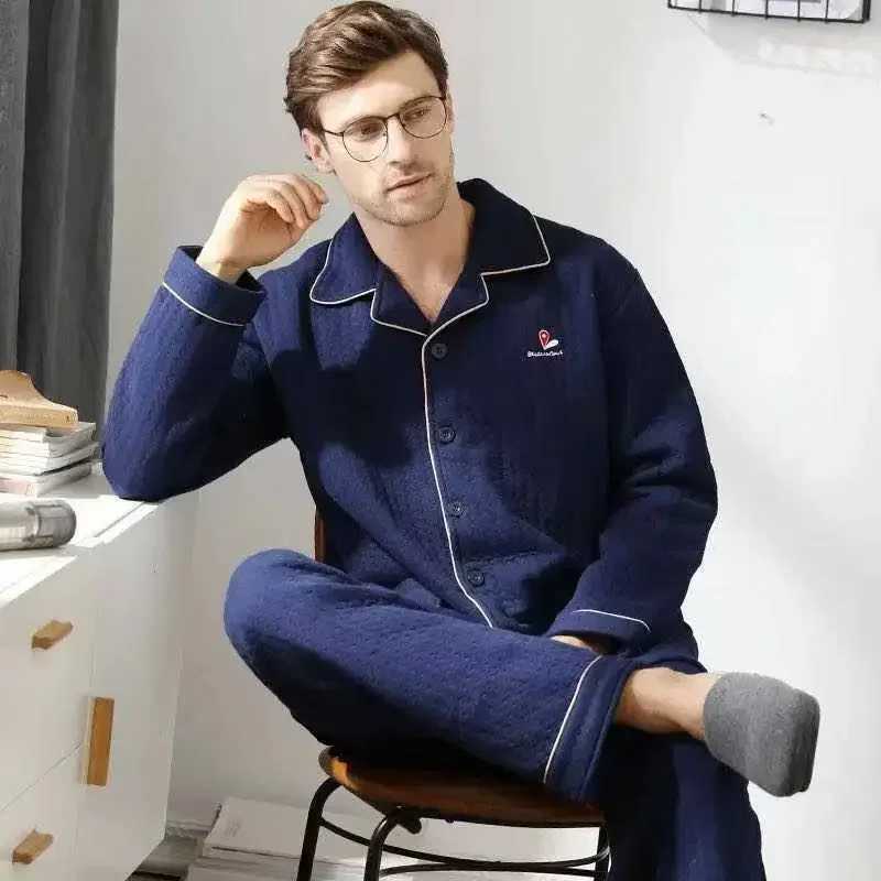 Fall Winter Thicken Mens Pajama Sets Simple Warm Sleepwear Cotton Top Pant Leisure Outwear Soft Plus Size Loungewear 2024 Y240913