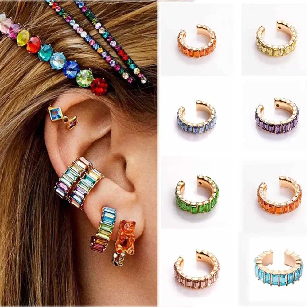 Rainbow CZ Cuff Earrings Women Jewelry Rhinestone Dangle No Pierced Statement Cubic Zirconia Ear Clip on Ear Cuff C-shapedX240913