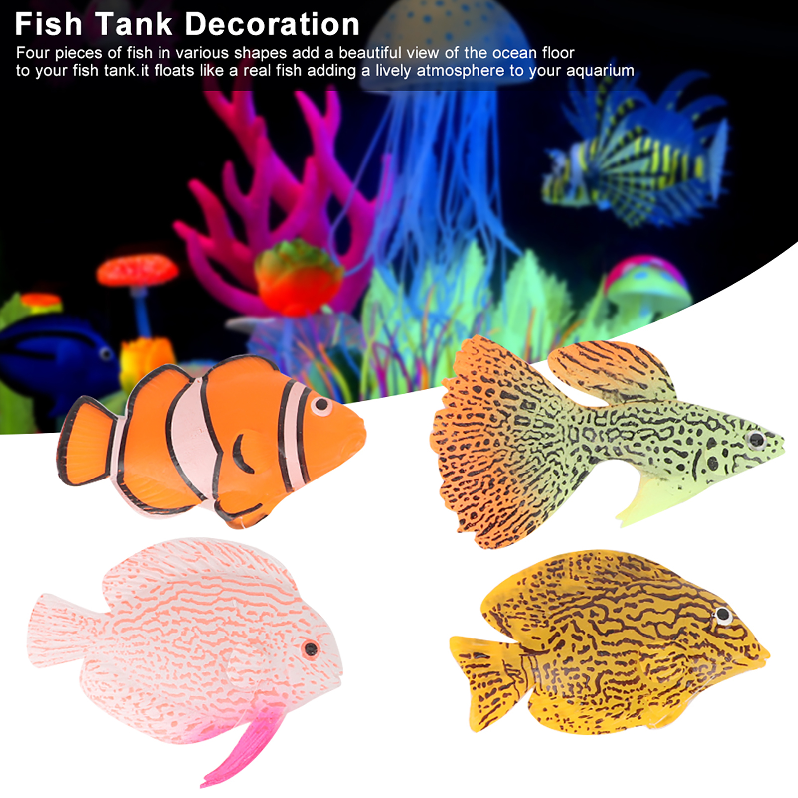 Artificial Silicone Fish Tank Ornament, Aquarium Decoration Accessory, Luminous, Fake Fish, Landscape, 4Pcs