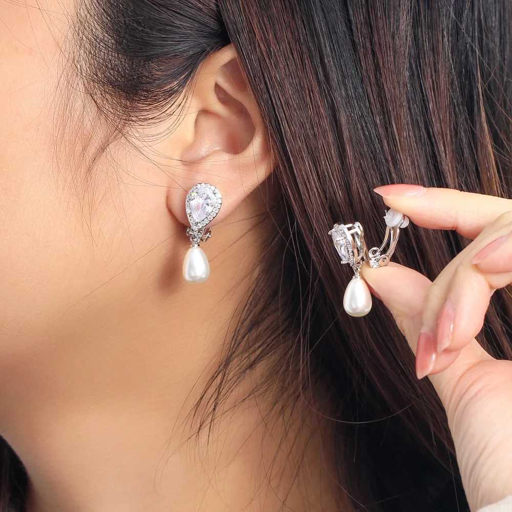 CWWZircons Elegant Design Shiny White Cubic Zircon Dangly Bridal Wedding Party Clip on Pearl Earrings No Piercing Hole CZ496X240913