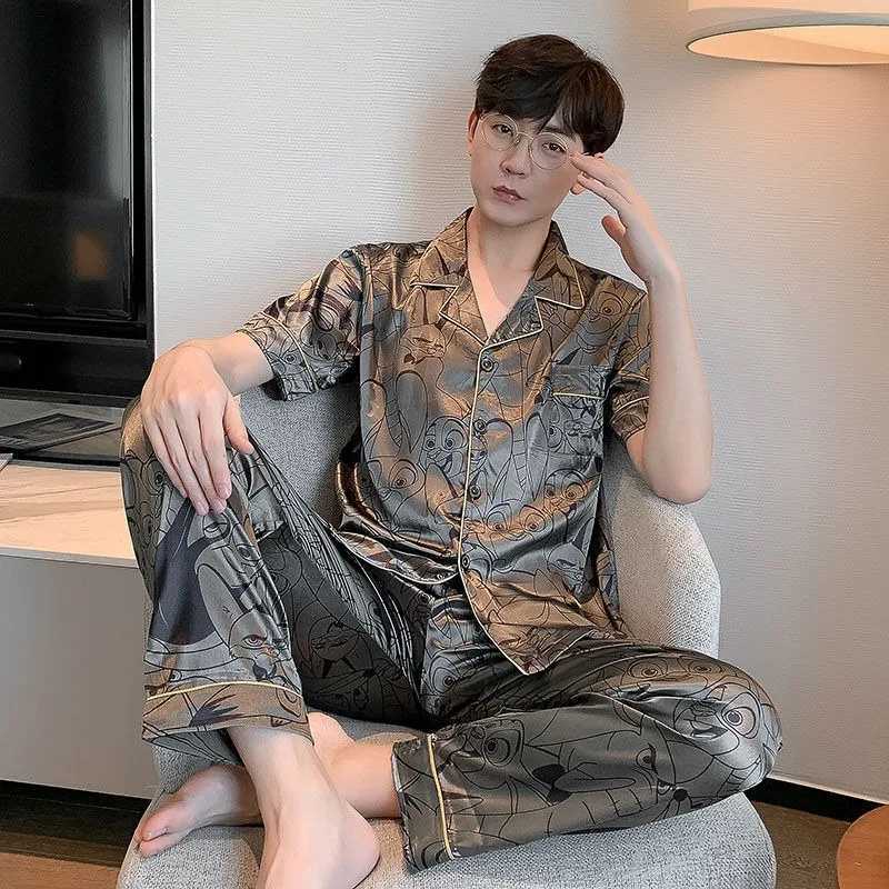 Large 5XL Men Underwear 2Piece Set Spring Pyjamas Short Sleeve Trousers Suit Casual Home Wear Silk Boy Pajama Leisure Sleepwear Y240913