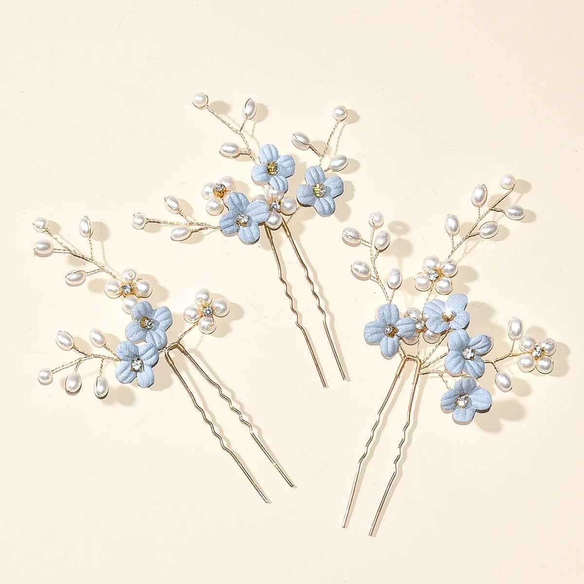 3pcs Blue Flower U Shaped Hair Pins Pearl Elegant Hair Clips Headwear for Wedding Bridal Hairclip Women Hair Jewelry AccessoriesX240913