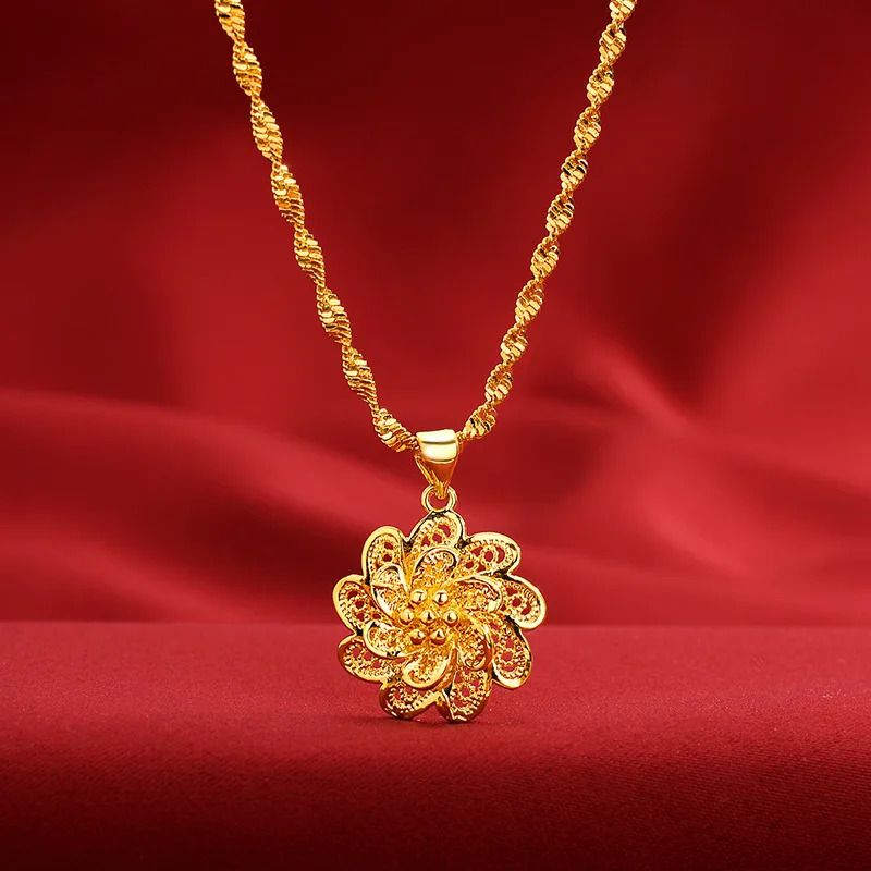 AU999 gold necklace womens flower pendant sweater chain 24K pure Japanese and Korean girlfriend fashion jewelry 240912