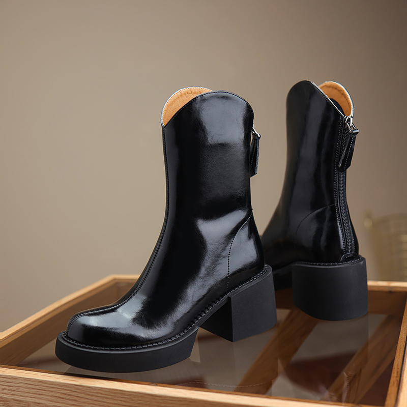 Hot Cow Leather Autumn Winter Round Toe Thick Heel Ankle Boots Fashion ZIP Women Shoes Mid-Calf WESTERN Platform