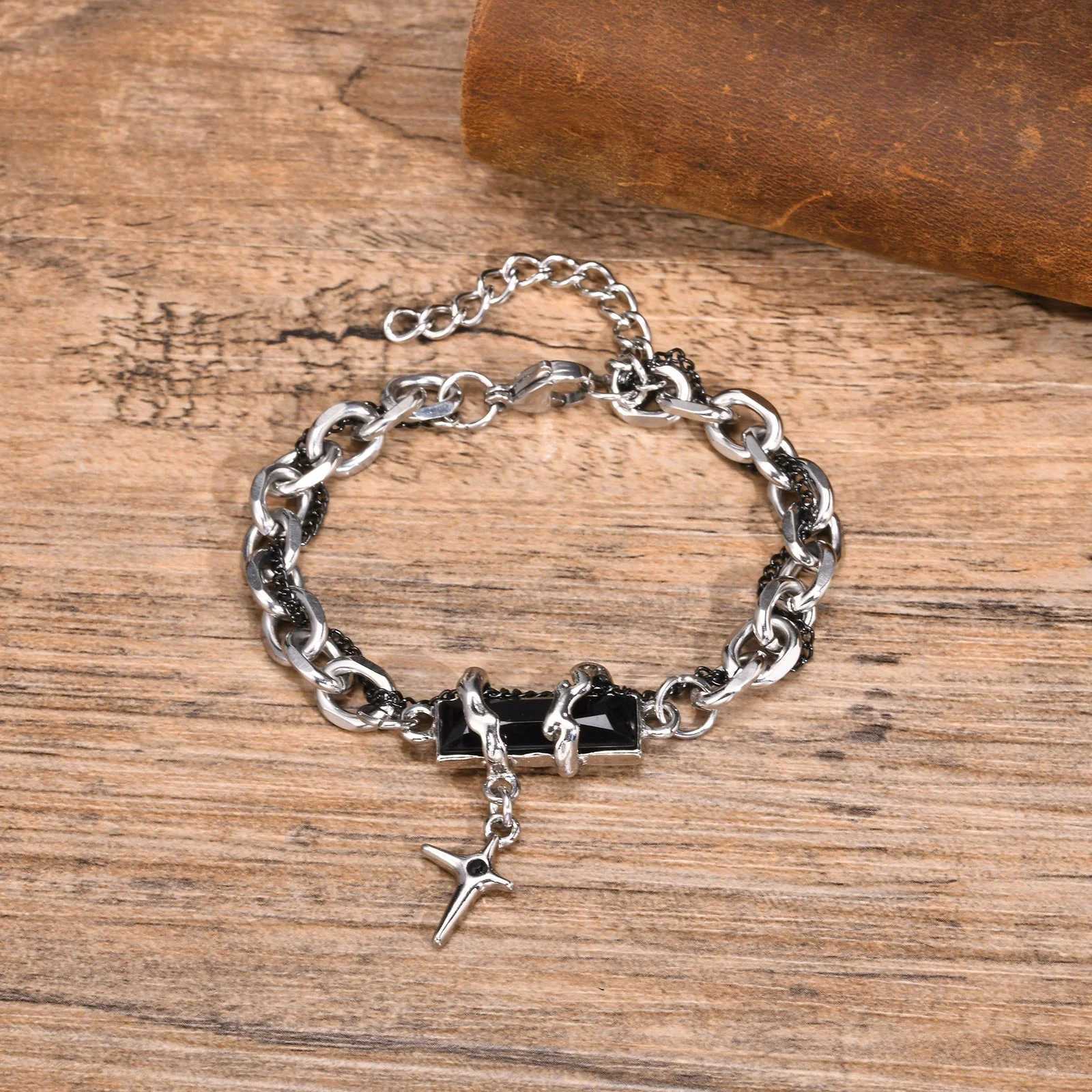 Retro Black Zircon Star Bracelet for Men BoysTrend Stainless Steel Stacked Chain WristbandAdjustable Hiphop Jewelry GiftsX240913