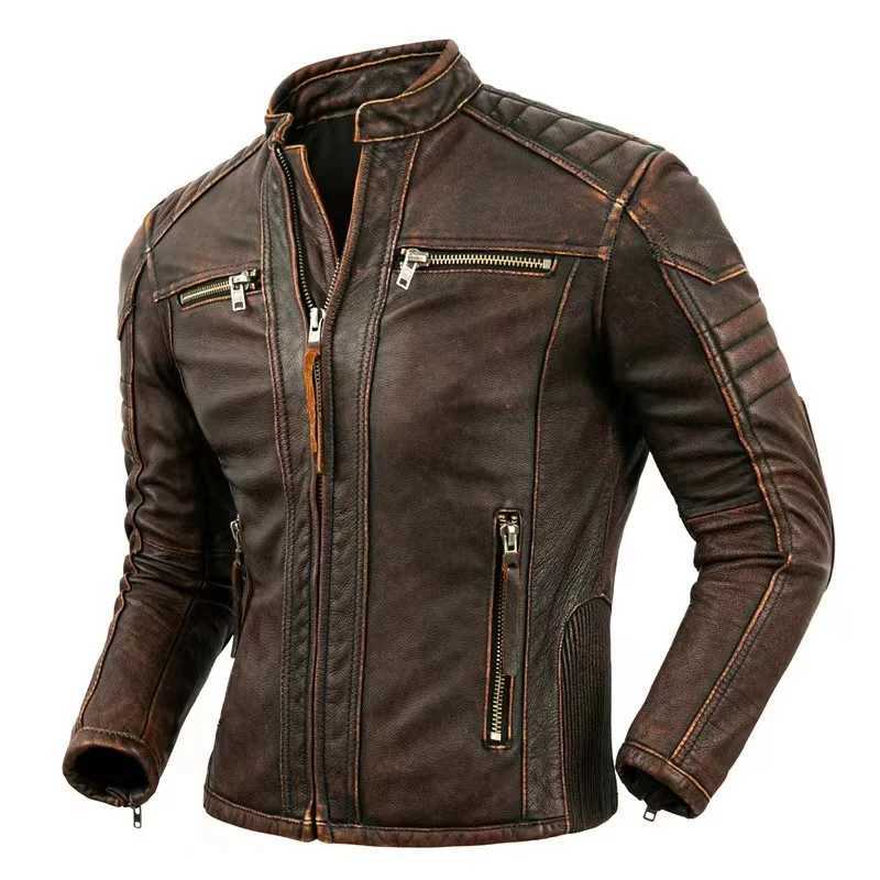 Top-Quality Cowhide Genuine Leather Jacket Mens Fashion Retro Old Collar Biker Jacket Spring And Autumn New StyleX240913