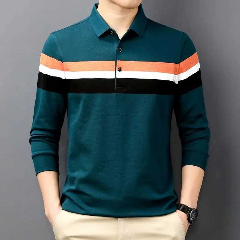 Fashionable Spring Mens Polo Neck Long Sleeve Comparison Button Polo Shirt Autumn Loose and Comfortable Casual Top W240913